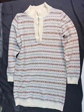 Pattern Knit Sweater Dress in Cream and Brown extra fine merino wool
